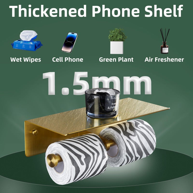 APLusee Brushed Gold Double Toilet Paper Holder with Shelf, Heavy Duty 304 Stainless Steel Tissue Roll Holder, Commercial Paper Dispenser Wall Mounted - Image 4